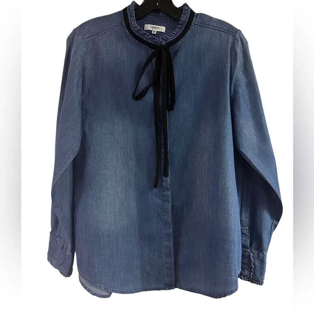 Kensie Jeans Denim Ruffle Collar & Sleeve Button Down Top Size M